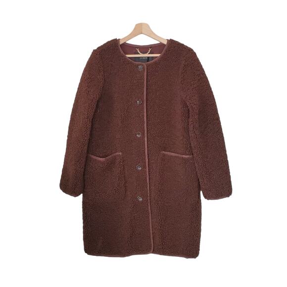 J Crew Collarless Teddy Sherpa Coat Dark Walnut Brown Lined AT699 Size Medium - Picture 1 of 8